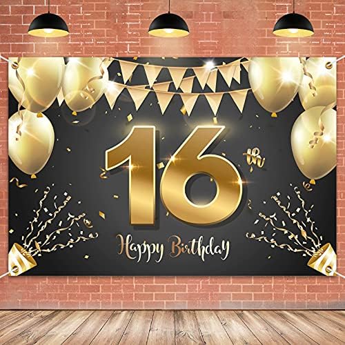 Хамигар 6х4фт Среќен 16-Ти Роденден Банер Позадина - 16 Години Роденден Украси Партија Материјали За Девојки Момчиња-Црно Злато