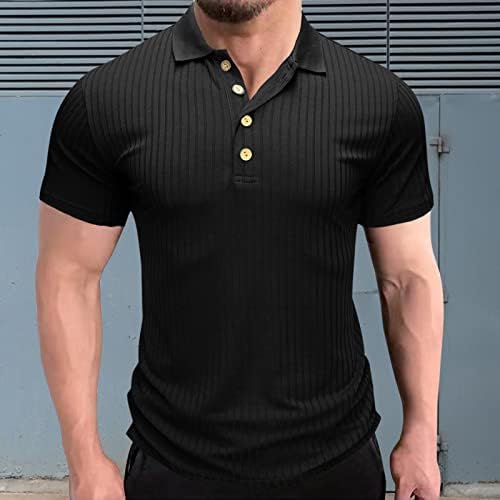 Убст плетено ребра Хенли кошули за мажи, 2022 Нова летна маичка со кратки ракави, копче за вратот, тенок, вклопат обични врвови за голф,