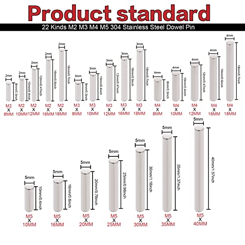 220pcs 22 видови M2 M3 M4 M4 M5 304 Не'рѓосувачки челик Пин цилиндрична полица поддршка PEG PIN PIN PIN PIN PIN PINE STACKEN ELEMENTY
