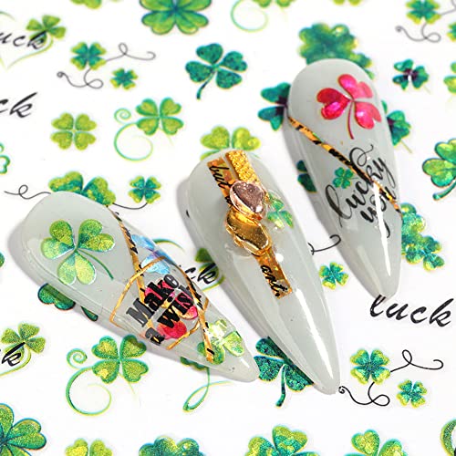 Налепници за нокти на Денот на Свети Патрик Шамрок 3Д самолепливи нокти Арт Декларации Зелено злато среќа на Ирците за жени Декорација на девојчиња 5 чаршафи
