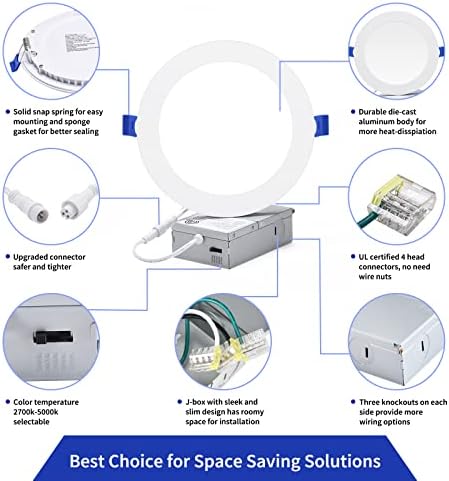 INCARLED 5CCT LED Вдлабнато Осветлување 6nch, 2700k/3000K/3500K/4000K/5000K Избрани, Затемнети Светла Без Нафора Со Разводна Кутија, 12w 1050lm