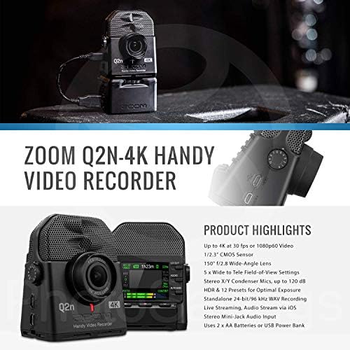 Zoom Q2N-4K корисен видео рекордер со повеќекратни рекорди, 4K/30p Ultra HD видео, леќи со широк агол, W/Basic Bunder Micro 32 GB, AA Battery