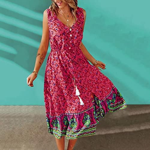 Fragarn летни фустани за тинејџери, женски лето Бохо моден случајн цветен принт v вратот полите поделен фустан без ракави на половината