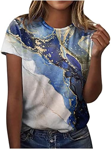 Врвови за кратки ракави за жени лето есен брод во боја на вратот блок мермер графички обични блузи маички дами 2023 часот