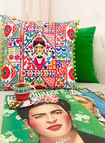 Фрида Кало Инспирирана Навлака За Перница | Домашен Декор Бохо Мексиканско Уметничко Печатење Етничка Перница со Зелени Пом Пом Украси