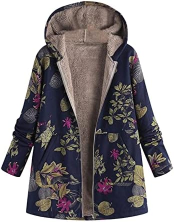 Nokmopo плус големина ров палто дами со долг ракав патент со аспиратор дебел композитен плишен гроздобер цветен печатен качулка јакна
