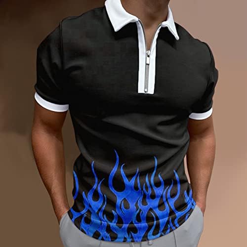 Ubst Zipper Polo кошули за мажи, летен пламен печати тенок вклопена кратка ракав маица вртејќи јака од јака, случајни голф врвови, господа,