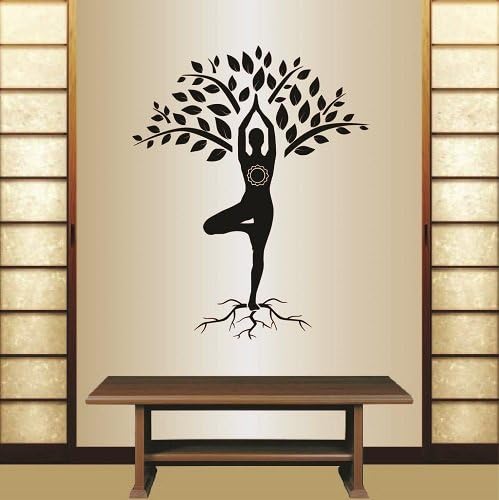 Во-делумки во стилот wallидови винил декорални декорации уметност налепница јога дрво поза девојка жена вежба медитација релаксираат