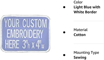 3in x 4in Прилагодено персонализирано везено лепенка за работна кошула или униформи. Светло сина со бела граница. До 3 реда текст, направени