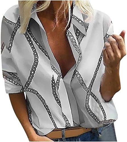 Копче за копче на долна кошула, женски кошула со долги ракави, лак за јака од јака надолу од блузи, лабава маичка со врвови со џеб