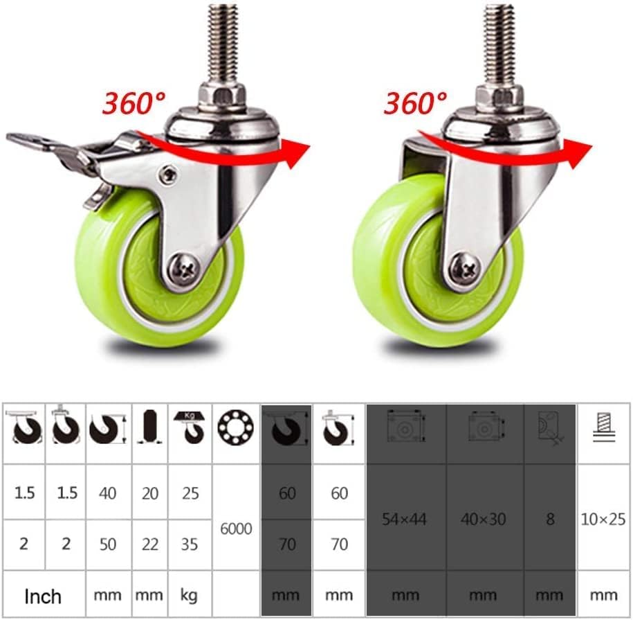 Вртливи тркалца 40мм 4Х Стп Вртливо Матично Тркало За Мебел, Завртка М10х25мм, Лежиште 100кг, Зелена Количка Вртливо Тркало Со Сопирачка, Држач од Нерѓосувачки Челик, За