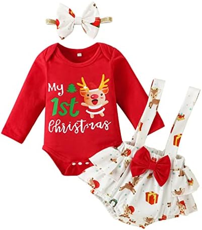 Облека за девојчиња 6 месеци новороденчиња со долги ракави писмо Божиќ цртан филм елени отпечатоци ромпер 4Т