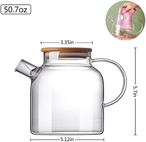 Стакло чајник, шпорет и микробранова безбедна стакло боросиликатна чајник, стаклен чајник со цедилка, стаклен тенџере со дрвен капак, лабав