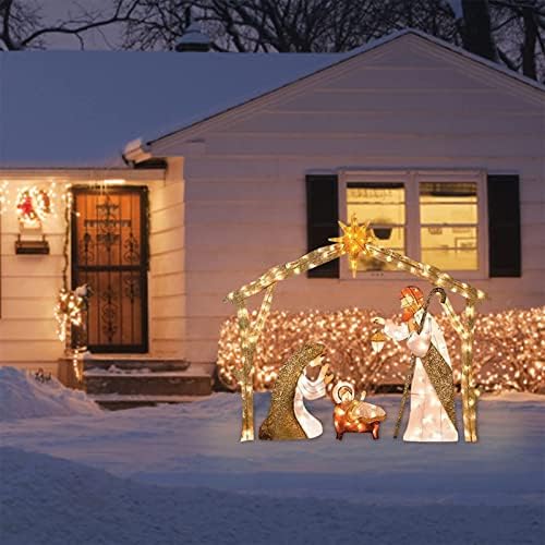 Божиќни дворни украси на отворено, велигденска свето семејство сцена на породување поставена со 190 LED светла, Божиќни украси за двор, тревник