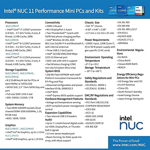 Intel NUC 11 NUC11PAHi5 0GB DDR4 RAM МЕМОРИЈА, 0GB SSD, Core i5 - 1135g7 Процесор 8M Кеш, До 4.20 GHz Мини Десктоп Компјутери, Thunderbolt