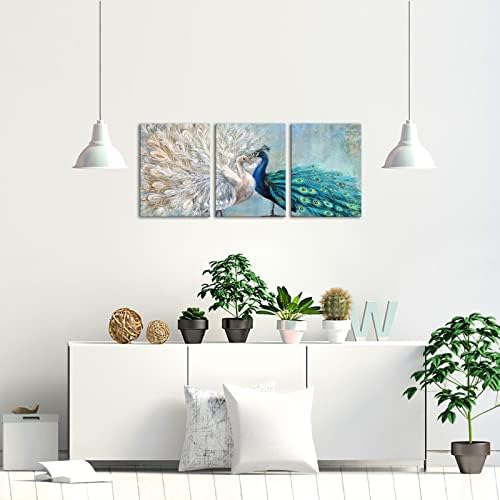 sechars 3 парчиња паун платно wallидна уметност гроздобер сина и бела паун пердув сликарство слика уметнички дела за домашна дневна