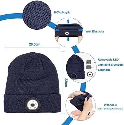 Ноќна мачка Bluetooth Beanie Hat 5 LED плетена музичка капа, безжични слушалки со звучници на фаровите USB USB -полнење на капаче унисекс