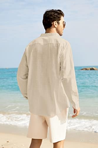 Коофанди маж со долги ракави со памучна постелнина за лекови на плажа со кошули, летни кошула летни јога врвови со џеб