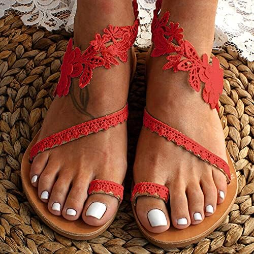 Папучи за жени девојки летни женски рамни чевли летни цвеќиња од чипка, отворени пети каузални ретро римски стил, лизгање на чевли чевли