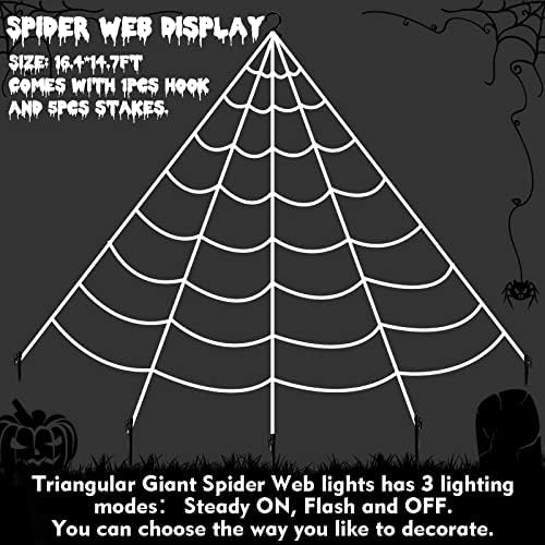 Vabamna Spider Web Web Bhakeeen Декорација на отворено - 16,4ft Giant Spider Web со сини светла, 40G StriderWeb и 36 „Црн пајак