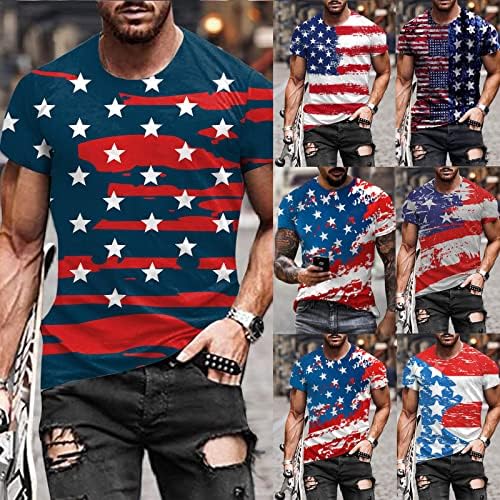 Moxiu Stars and Stripes кошули за мажи Графички екипаж печати американско знаме, патриотски американски знаме со кратки ракави маица маица