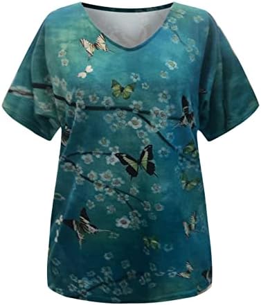 Амикадом Лејди есен летен блуза со краток ракав 2023 Облека памук V вратот Графички салон Топ за жени R3 R3