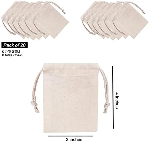 Ecogreentextiles 20 парчиња муслин природни памучни кеси со влечење - 3x4 инчи органски памук што се користи за намирници за секојдневно