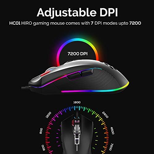 Nubgamerz RGB глушец HC01 Hiro со режими на спектар на спектар RGB, глушец со 8 копчиња, 7200 dpi жичен оптички гејмер глушец