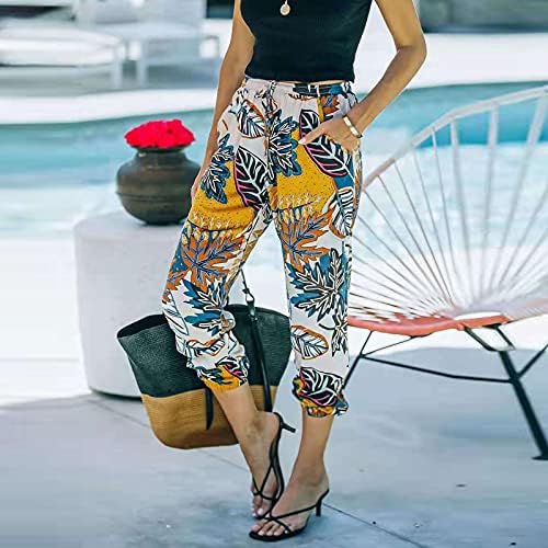 Bblulu женски обични исечени панталони летни панталони за одмор на плажа, кои влечеат цветни печатени панталони со џебови