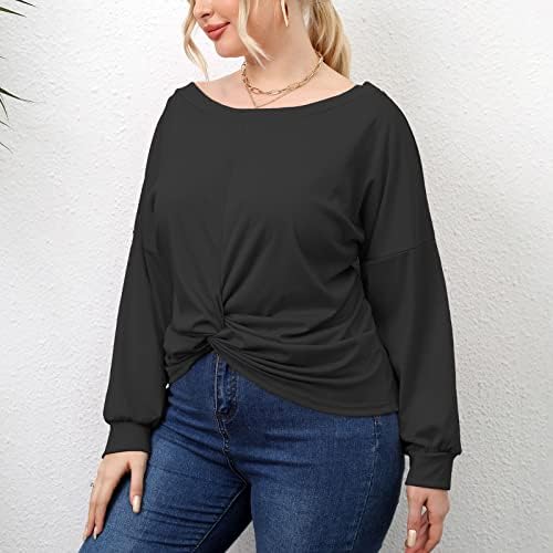 Предни врвови на јазли за жени, жени со долги ракави со долги ракави плус големина на култури врвови маица неправилен дизајнер Долман Топ