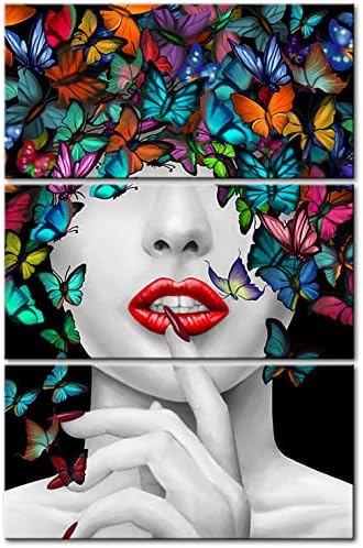Lovehouse 3 панел црвени усни жена платно wallидна уметност шарена пеперутка печатење на слики на платно модни современи уметнички дела за