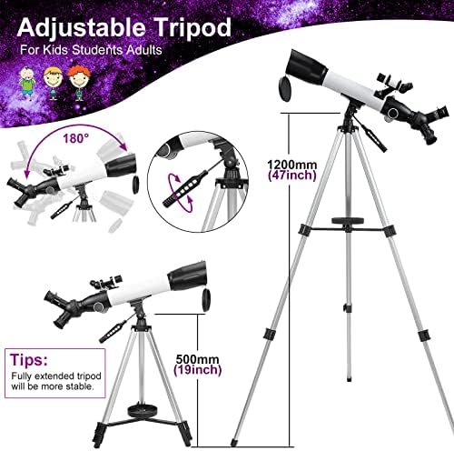Телескоп за почетници на астрономија, 20-167X HD телескоп за деца возрасни, ротирачки леќи, отвор од 60мм отвор од 500мм АЗ, со торба за носење, адаптер за телефони, адемски