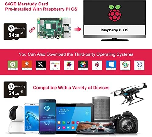 Marstudy Raspberry Pi 4 Model B Комплетен комплет за стартување -64GB Edition /Raspberry Pi 4B /Raspberry Pi OS претходно инсталиран