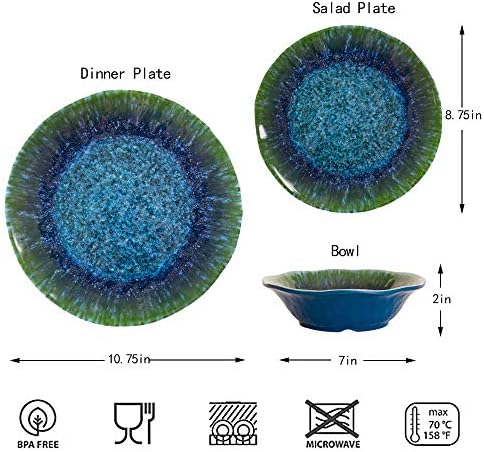 Комплет Садови за вечера со меламин 12 ПАРЧИЊА Тиркизна Тиркизна Чинија За Садови Чинии Сино Зелена Машина За Миење Садови Безбедна Не Микробранова Печка