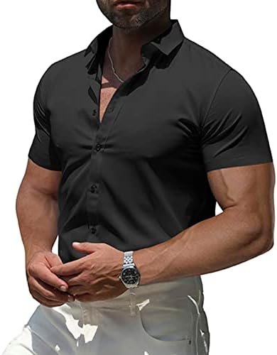Кошули за мускулни фустани за мажи на РПОВИГ: Обично копче надолу по долги ракави Еластичност Атлетска вклопна кошула без брчки