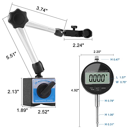 Индикатор за електронско дигитално бирање на Mornajina со магнетна база, мерач на конверзија на мерач/метричка 0-1 инчи/25,4 mm,