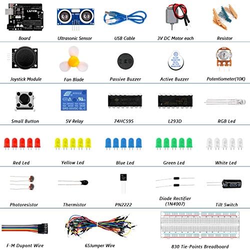 Основен комплет за стартување на Лафвин со контролор на контролори R3, LED, отпорник, скокачки жици и напојување компатибилен со Arduino IDE