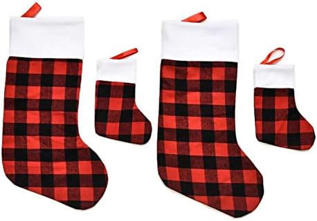 U-Buyhouse Црвено-црно биволско карирано божиќни чорапи украс со кадифен манжетна за семејни празници Божиќни забави украси