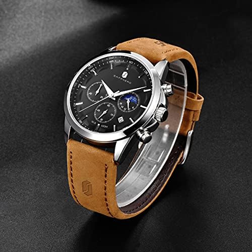 Од Бенир машки часовници 10 бари водоотпорен - Тенок моден зглоб часовник за мажи со сребрен/црн не'рѓосувачки челик/кожен опсег хронографски