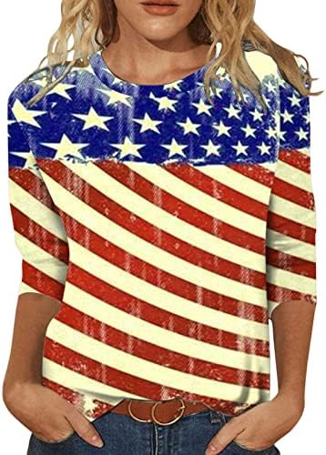 4 јули 3/4 Ракави Кошули За Жени Лето Американско Знаме Блузи Жени Патриотски Повик Екипажот Шарени Ѕвезди Маици