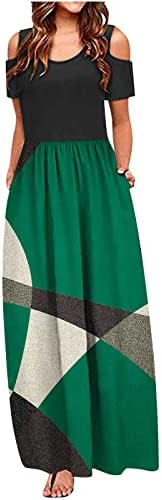 Фустани за жени 2023 Лето модна цветна ладна рамо за ладно рамо, обичен краток ракав лабав макси фустан со џеб