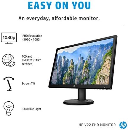 HP V22 FHD Монитор | 21,5-инчен Дијагонален FHD Компјутерски Монитор со ТН Панел и Поставки За Сино Светло | HP Монитор со Екран НА Навалување HDMI и VGA Порта |