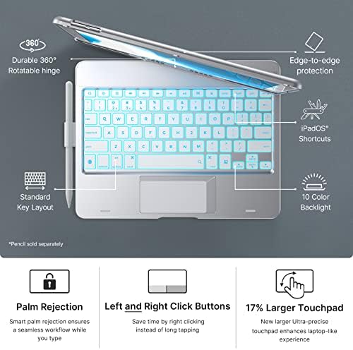 TypeCase Touch Ipad 9-та генерација кутија со тастатура, мулти-допир, патека, 10 задно осветлување во боја, 360 ° ротирачко, тенок и светлина