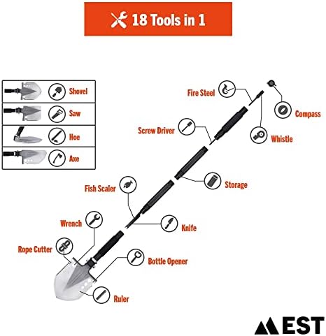 Лопата за опстанок на EST Gear - крајната лопата за кампување 18 -во -1 за пешачење, преклопување и откривање на метал - чувајте го во вашиот