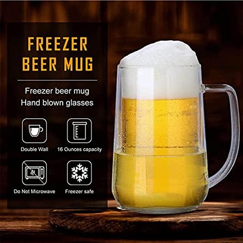 Замрзнувачки чаши за пиво, висока боросиликатна кригла за ладење Транспарентна околина без олово со двојно wallидно стакло пиво со рачка
