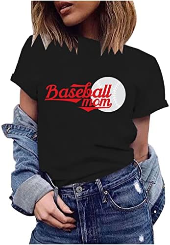 Женски врвови летни основни бејзбол мама букви маички со кратки ракави со тркалезни маички од вратот