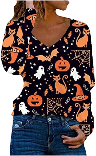 Вклучени кошули јуниори долги ракави тиква мачка опуштена фит фестивал Ноќта на вештерките салон каваи врвови маици тинејџерки тинејџери