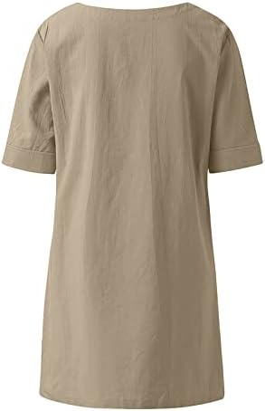 Врвови за жени памучни постелнини блузи случајни кратки ракави v вратот Туника маички плус големина цврсти кошули во боја со џебови