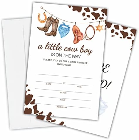 Goxzyn Cow Boy Theme Baby Habe Toush Invitations, 25 двострани картички за покани со коверти-Бебе туш ， Откривање на пол ， Објавување за бебиња-Декорации за забави и материјали-Бсикк-А05