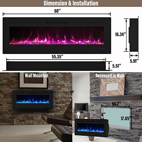 Masarflame 60 инчен електричен камин, вдлабнато и wallидното монтирање грејач на камин, тивок и линеарно камин вметнете со 13 ×